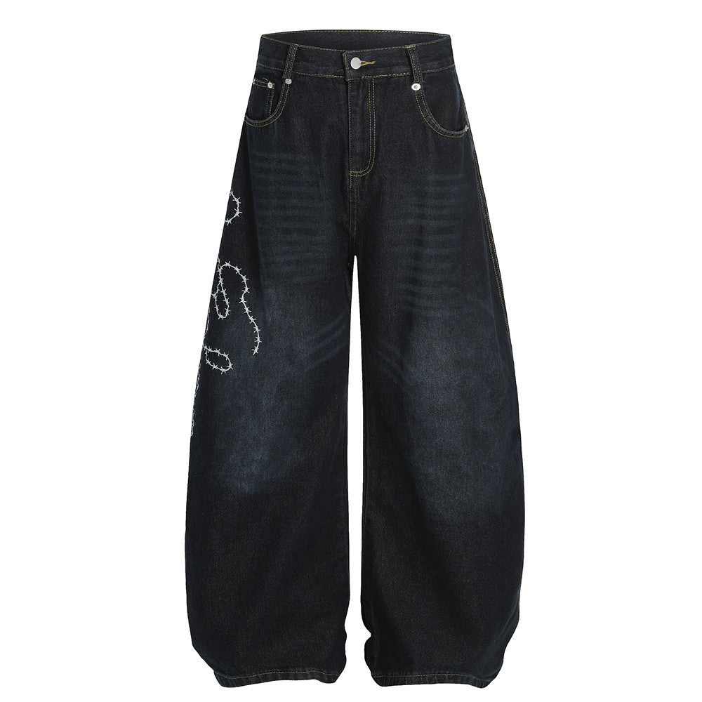 Streetwear High Street Letter Print Slash Denim Trousers Men's Work Pants Washed Vintage Loose Wide Leg Floor-Length Pants