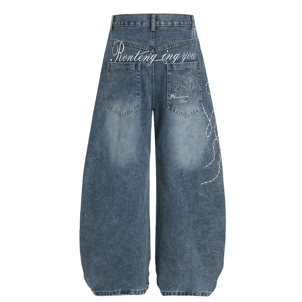 Streetwear High Street Letter Print Slash Denim Trousers Men's Work Pants Washed Vintage Loose Wide Leg Floor-Length Pants