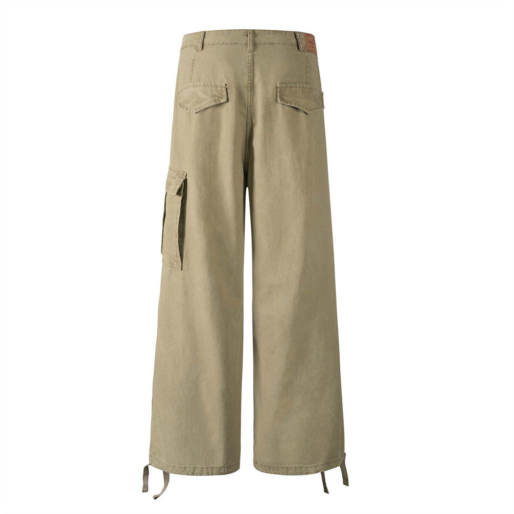 Workwear Straight Leg Long Pants Men's Vibe American Style Pleated Design Irregular Pocket Drawstring Loose Casual Trousers