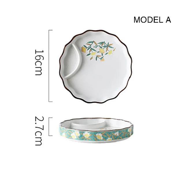 Dumpling plate sushi plate round square plate with soy sauce and vinegar partitioned snack plate ceramic plate for home use