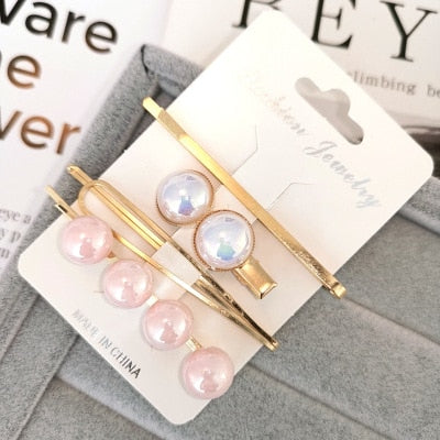 4PCS Korea Fashion Metal Hairpins Imitiation Pearl Colorful Beads Hair Clips for Women Irregular Geometric Hair Accessories