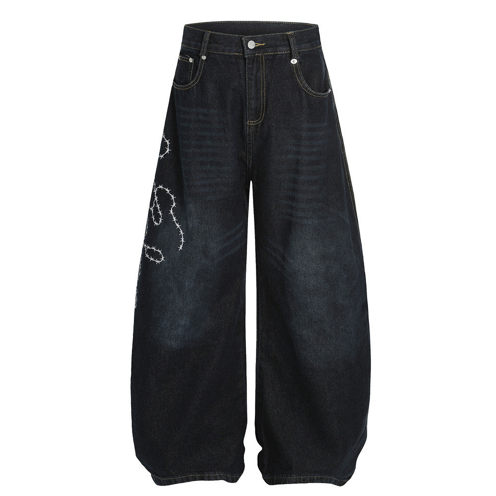 Streetwear High Street Letter Print Slash Denim Trousers Men's Work Pants Washed Vintage Loose Wide Leg Floor-Length Pants