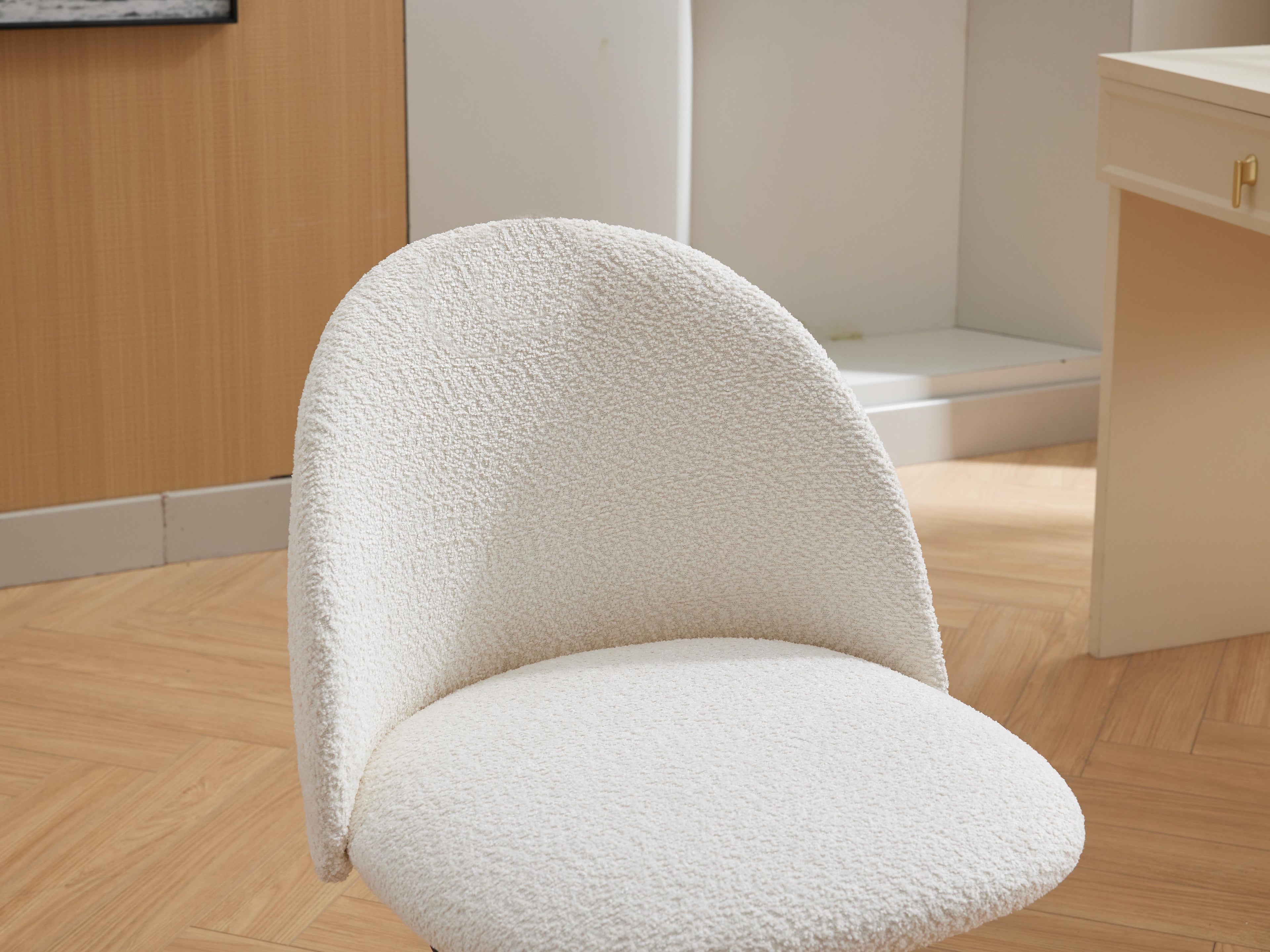 Velvet fabric office chair, mid back adjustable rotating computer chair, black legs, cushioned office chair with wheels ,White