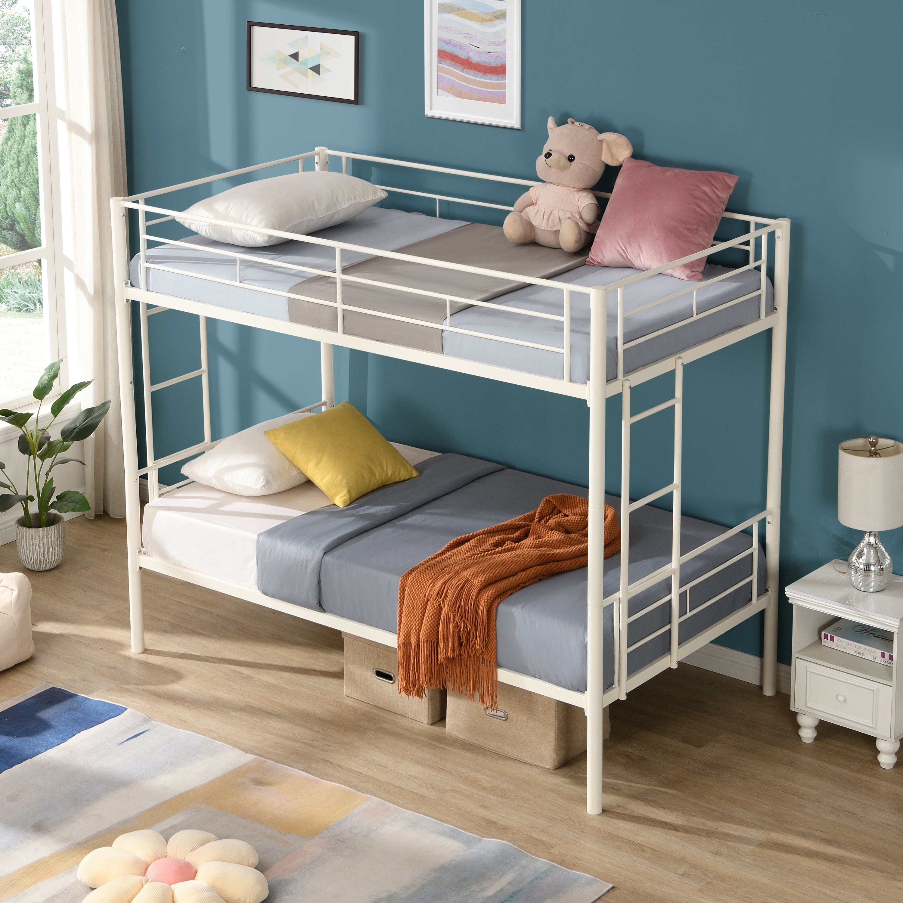 Twin metal bunk beds, metal structure bed frame with safety guardrails and 2 ladders, convertible bunk beds, white