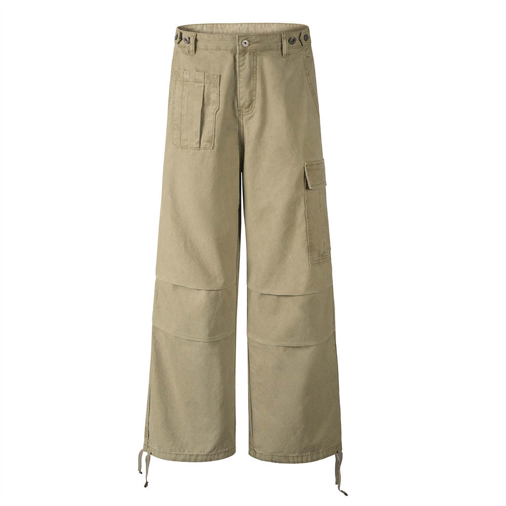 Workwear Straight Leg Long Pants Men's Vibe American Style Pleated Design Irregular Pocket Drawstring Loose Casual Trousers