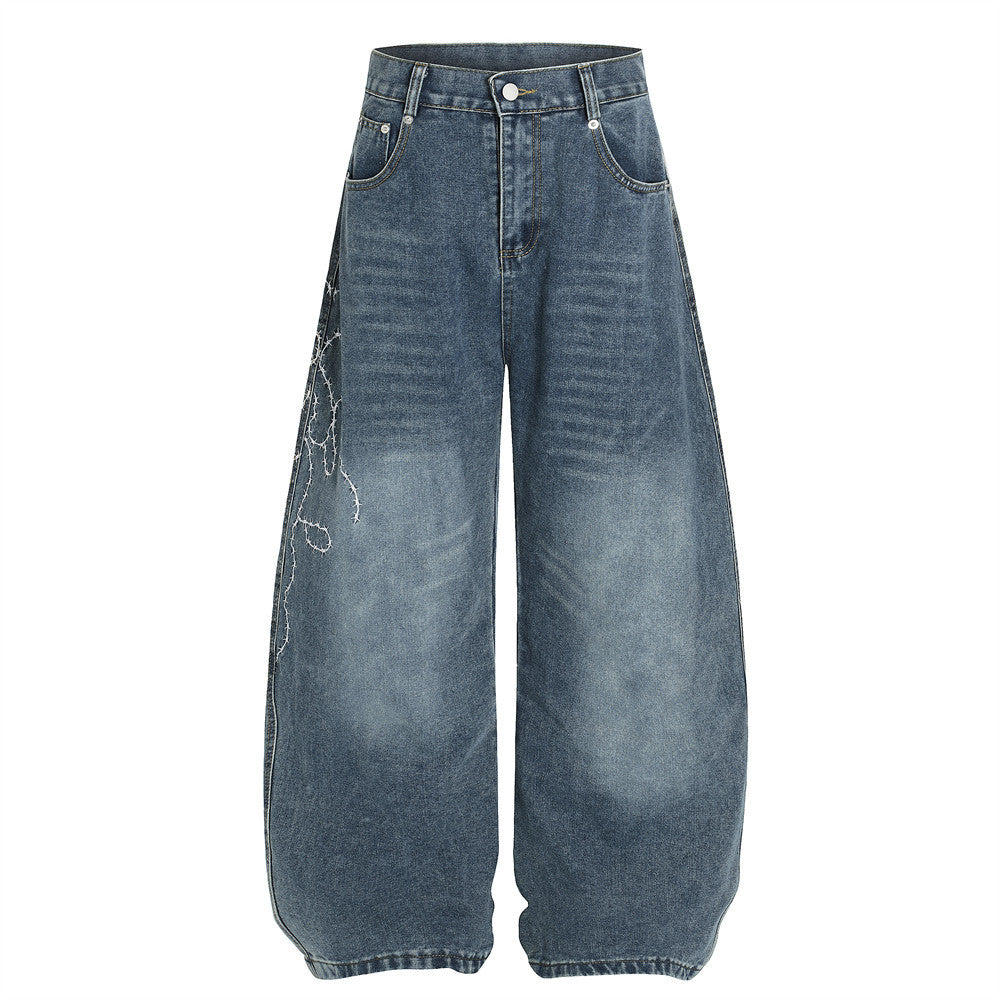 Streetwear High Street Letter Print Slash Denim Trousers Men's Work Pants Washed Vintage Loose Wide Leg Floor-Length Pants