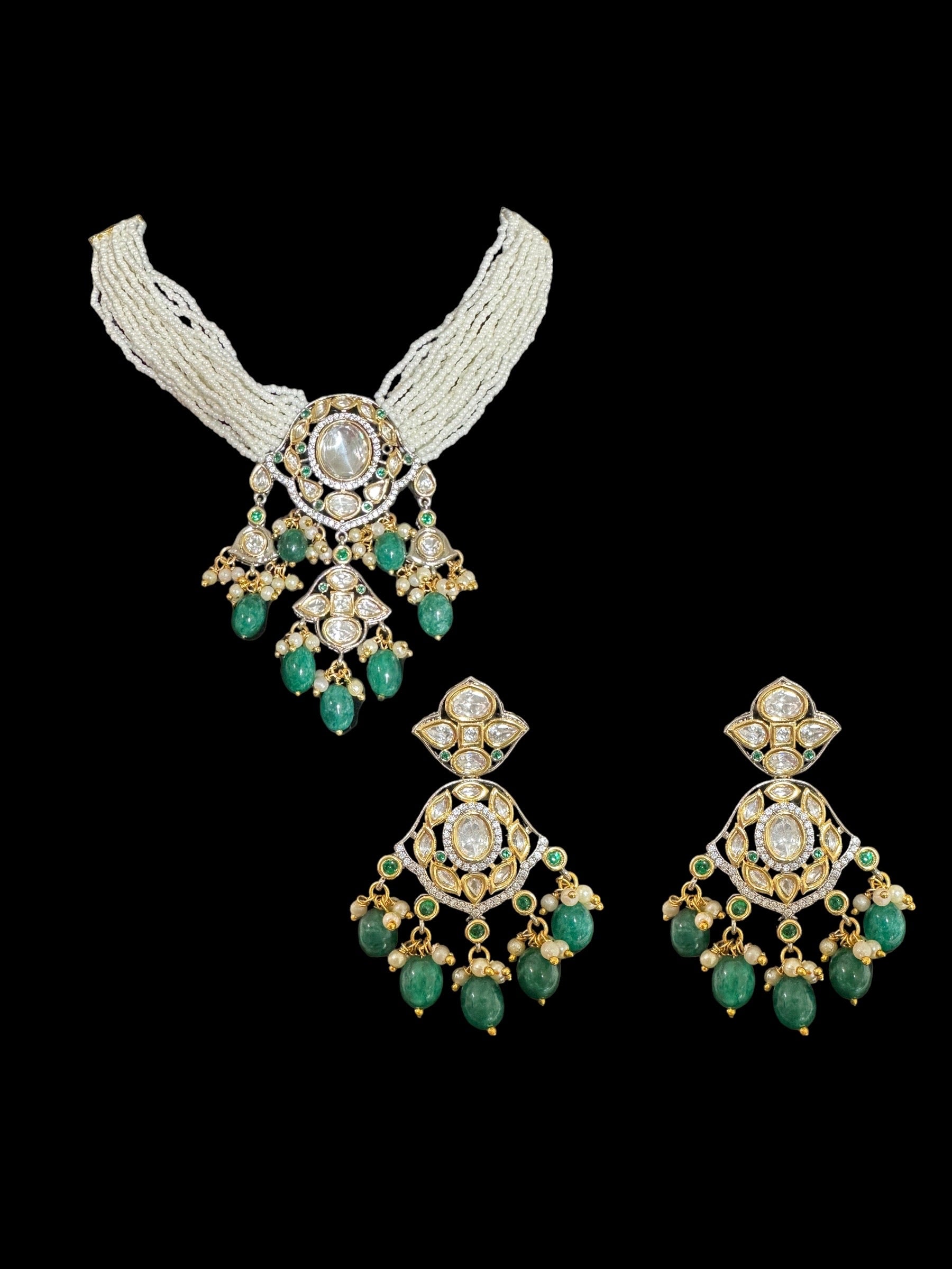 DNS62 Reema high quality polki necklace set - green ( READY TO SHIP )