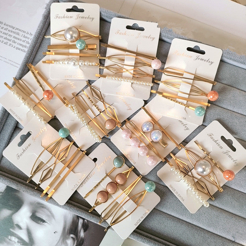 4PCS Korea Fashion Metal Hairpins Imitiation Pearl Colorful Beads Hair Clips for Women Irregular Geometric Hair Accessories