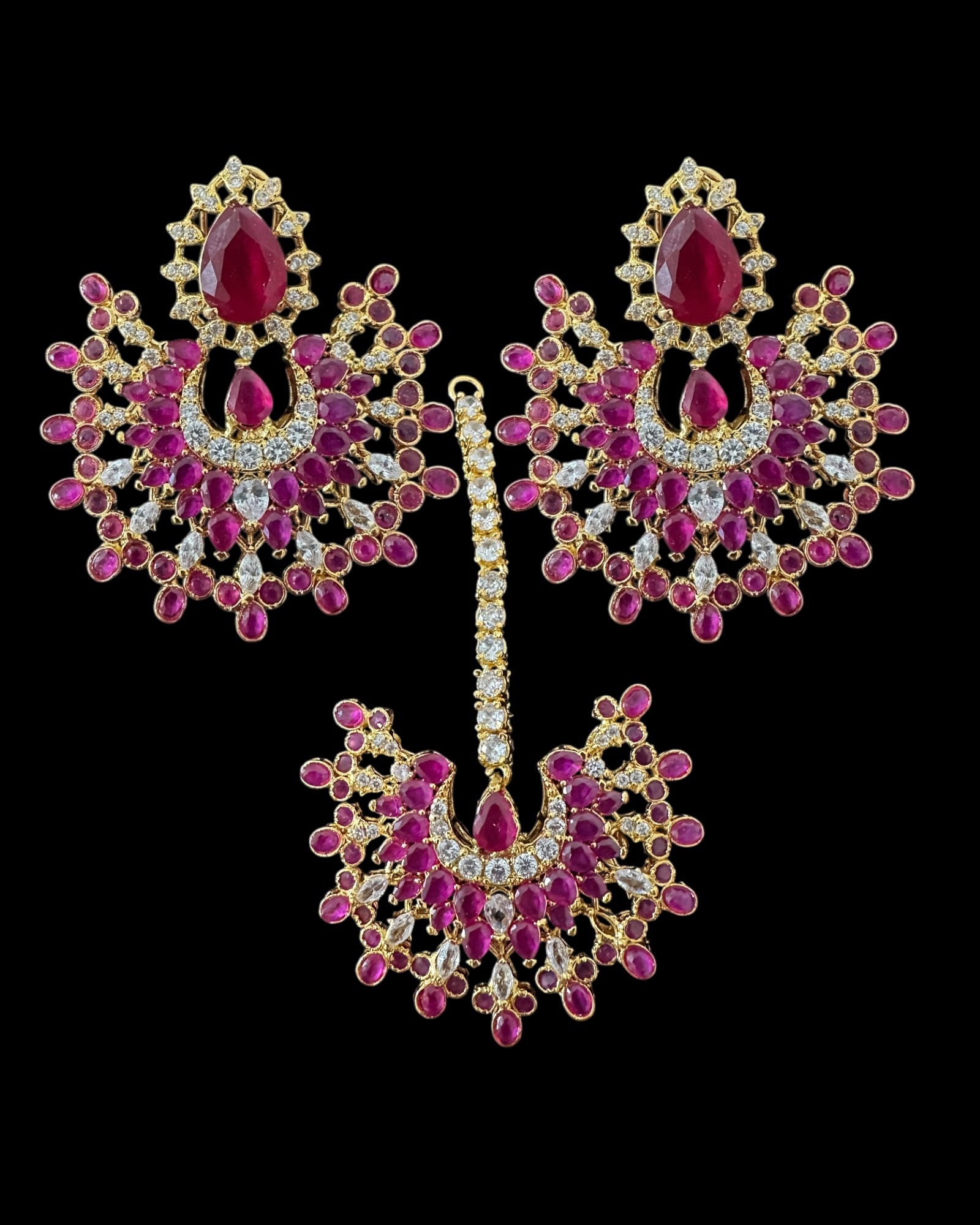 Subhana gold plated chandbali earrings tika set -Ruby ( READY TO SHIP )