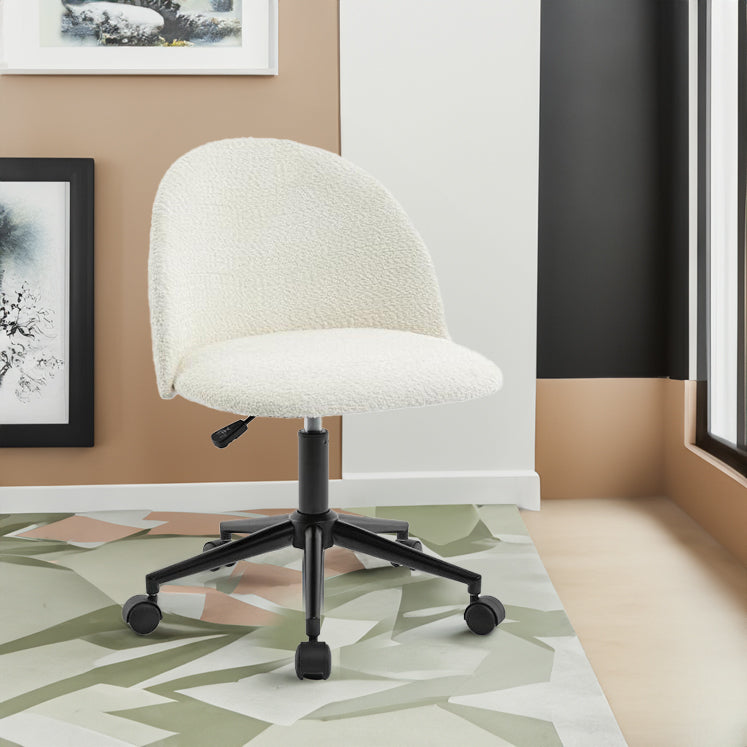 Velvet fabric office chair, mid back adjustable rotating computer chair, black legs, cushioned office chair with wheels ,White