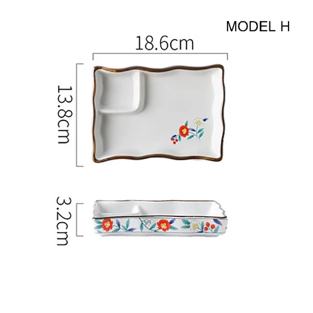 Dumpling plate sushi plate round square plate with soy sauce and vinegar partitioned snack plate ceramic plate for home use