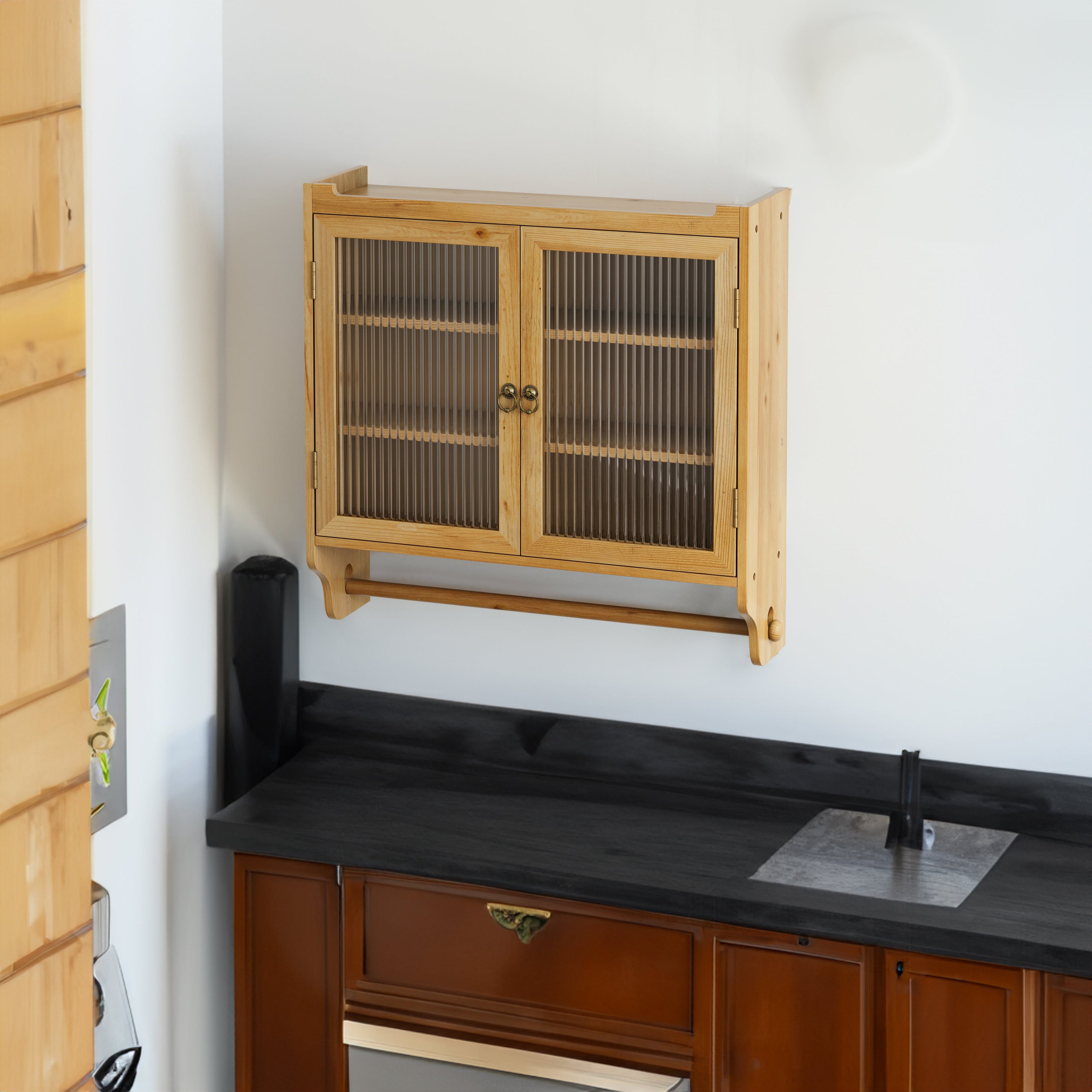 24.8 '' Glass door retro double door wall cabinet with three levels of storage space with towel rack, original wood color