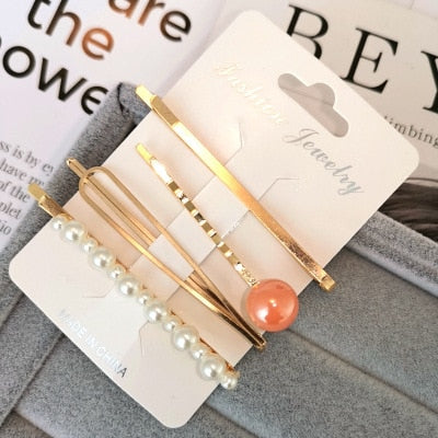 4PCS Korea Fashion Metal Hairpins Imitiation Pearl Colorful Beads Hair Clips for Women Irregular Geometric Hair Accessories