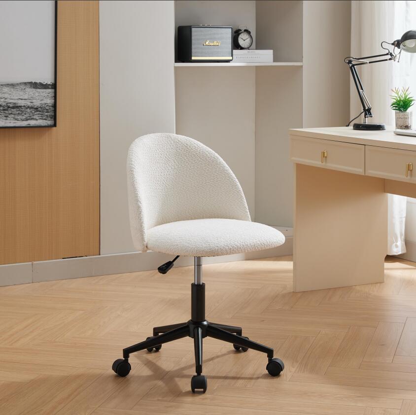Velvet fabric office chair, mid back adjustable rotating computer chair, black legs, cushioned office chair with wheels ,White