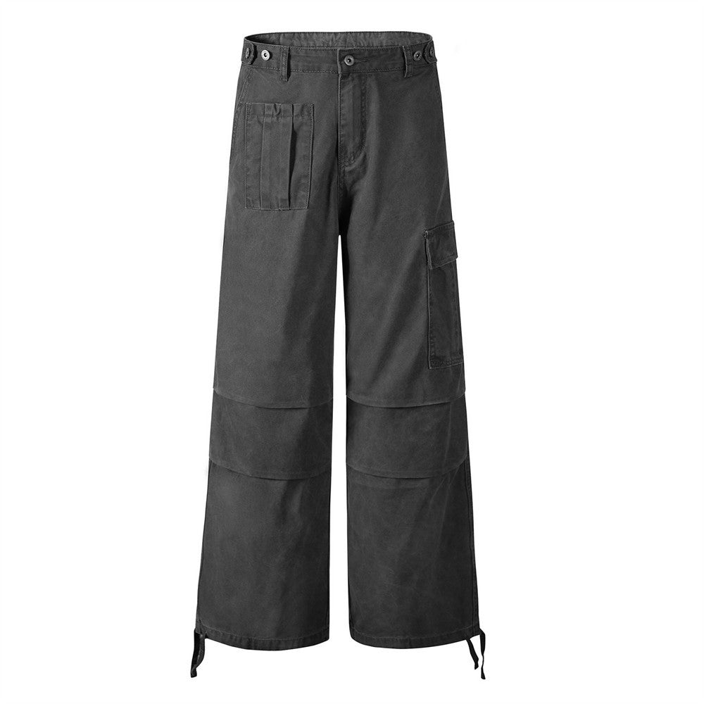 Workwear Straight Leg Long Pants Men's Vibe American Style Pleated Design Irregular Pocket Drawstring Loose Casual Trousers