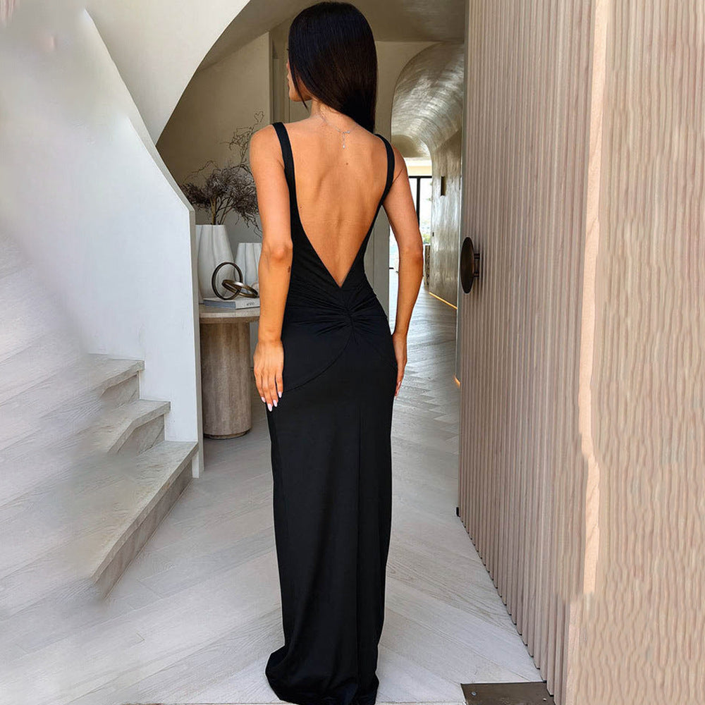 Style Strap Long Dress Women's Sexy Backless Hollow Pleated Dress