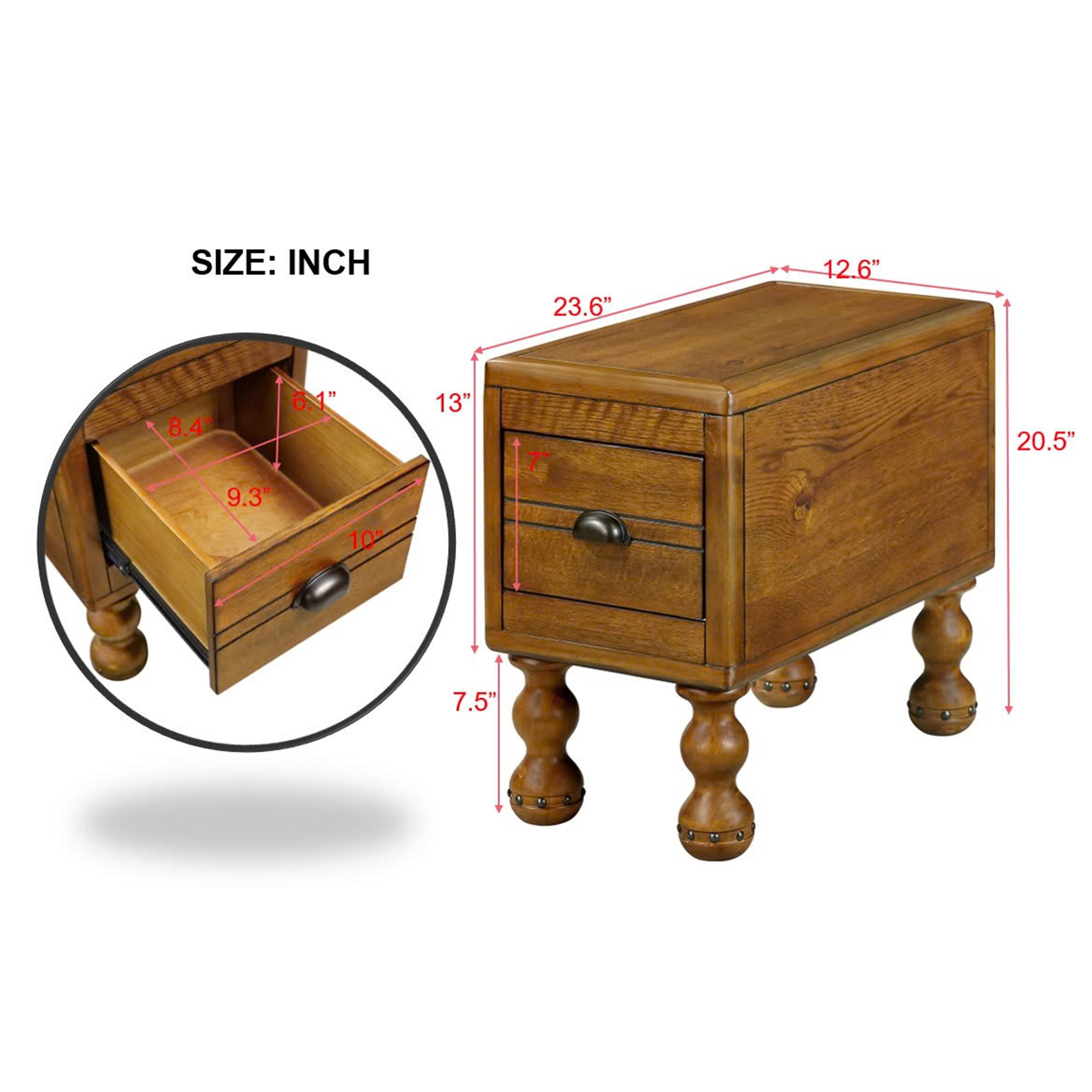 Solid wood end table, rectangular 23.6 inch narrow edge table with drawers, vintage bedside table, Antique Brown