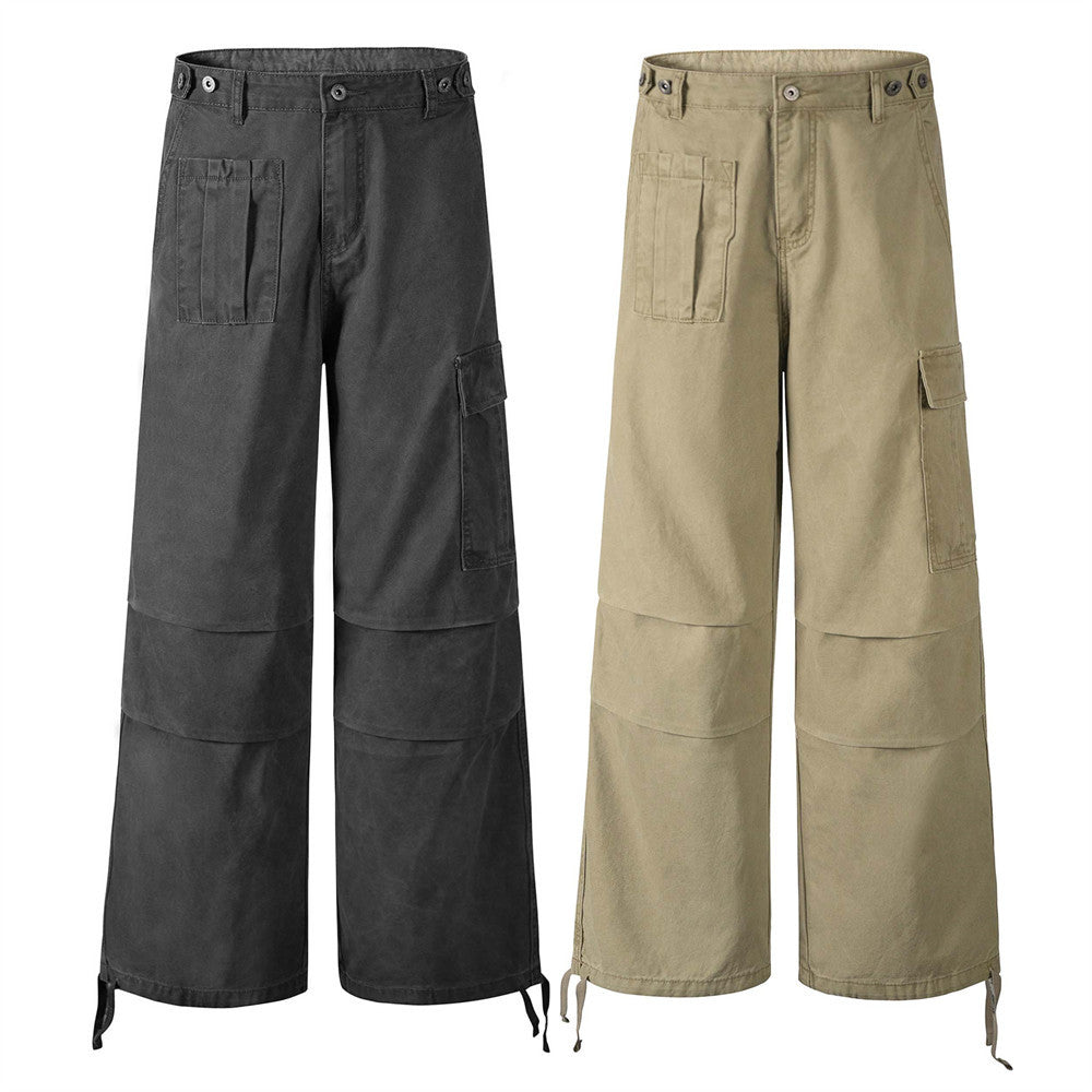 Workwear Straight Leg Long Pants Men's Vibe American Style Pleated Design Irregular Pocket Drawstring Loose Casual Trousers