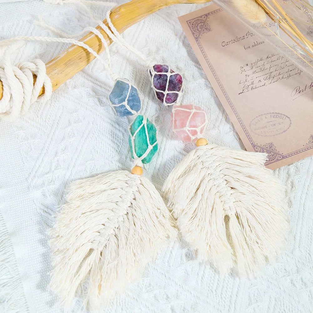 Natural Crystal Raw Stone Handmade Weave Dreams Catcher Car Hanging Pendant Healing Amethyst Window Ornament Home Decoration