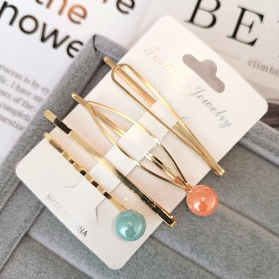 4PCS Korea Fashion Metal Hairpins Imitiation Pearl Colorful Beads Hair Clips for Women Irregular Geometric Hair Accessories
