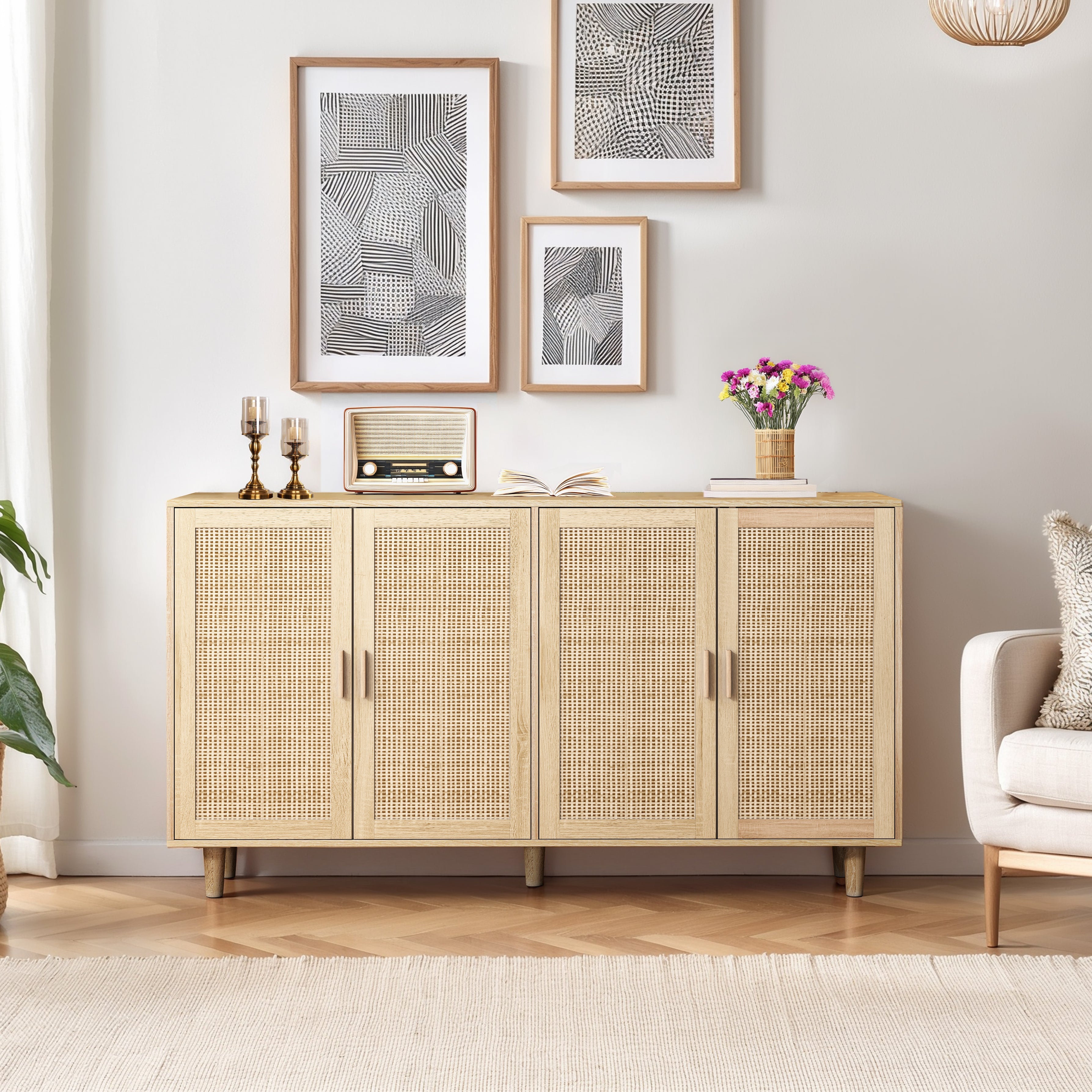 62.20"Elegant and Functional 4-Door Rattan Decorative Storage Cabinet,for Bedroom,Living Room,Office,Easy Assembl