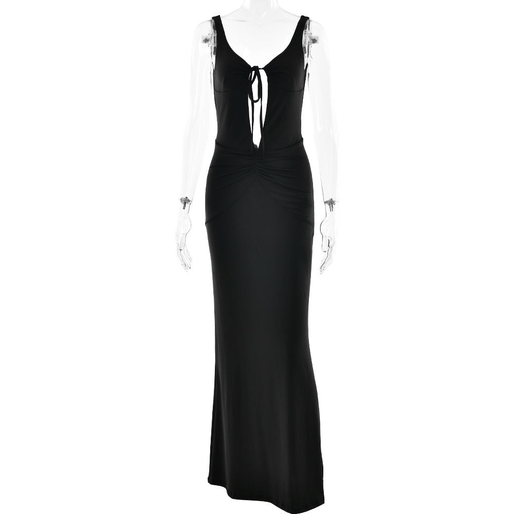 Style Strap Long Dress Women's Sexy Backless Hollow Pleated Dress
