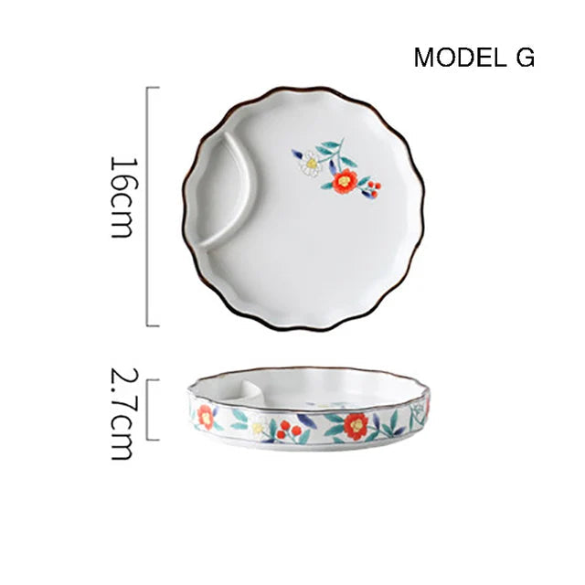 Dumpling plate sushi plate round square plate with soy sauce and vinegar partitioned snack plate ceramic plate for home use