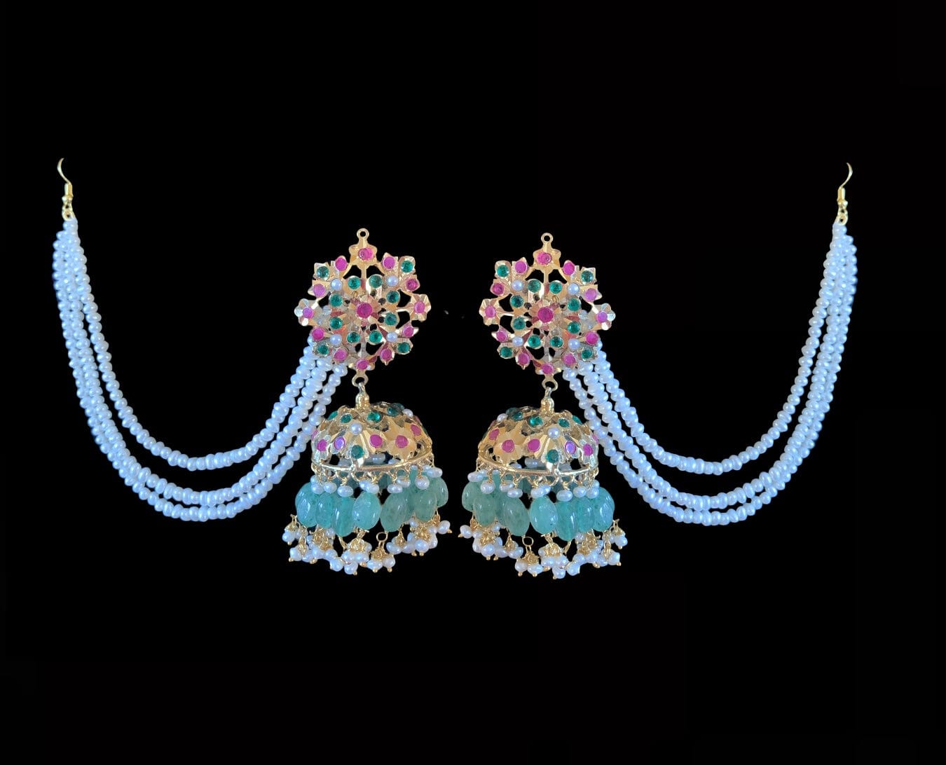 MAHIMA large jadau jhumka in emerald beads with fresh water pearls ( SHIPS IN 2 WEEKS )