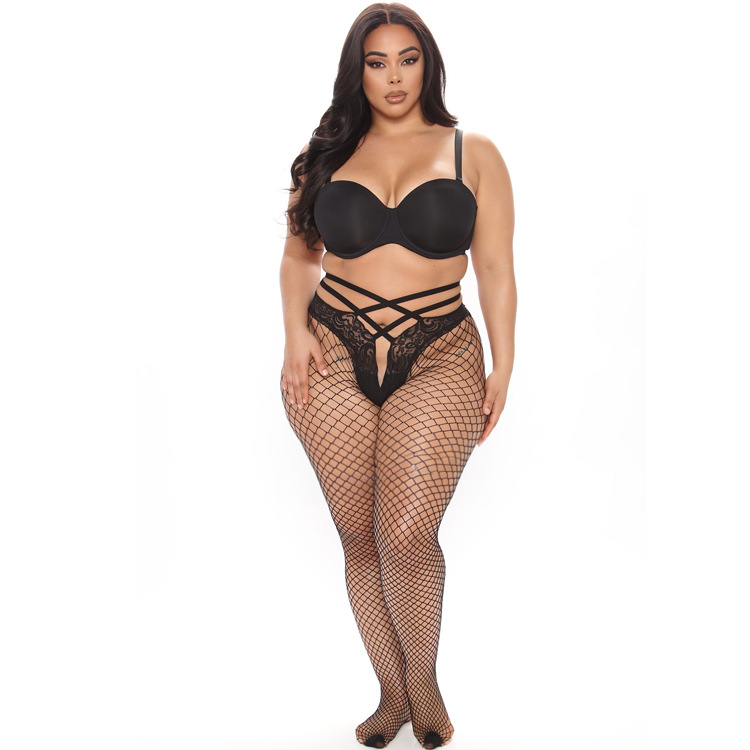 Sexy Cross-Strap Suspender Thigh-High Fishnet Tights with Lace Jacquard and Super Stretchy Large Mesh for Women"