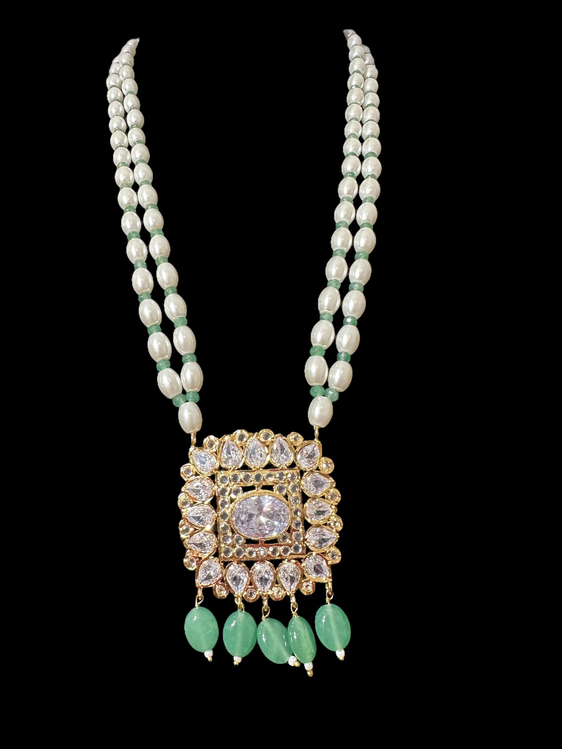 PS561 Hyderabadi pendant set with high quality zircon stones and light green beads ( SHIPS IN 2 WEEKS )