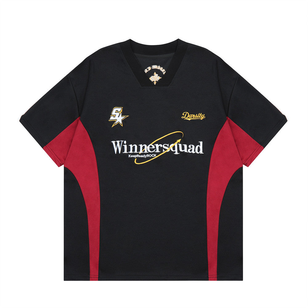 Color Block Splicing V-Neck Sports Short Sleeve T-Shirt Men's Letter Embroidery Breathable Quick-Dry Loose Casual Top