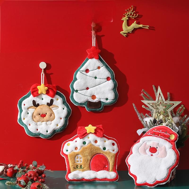 Christmas coral fleece hand towel hanging type absorbent quick drying cloth, kitchen and bathroom hand towel pendant