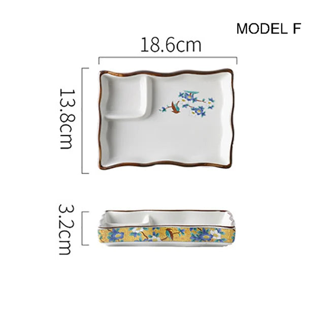 Dumpling plate sushi plate round square plate with soy sauce and vinegar partitioned snack plate ceramic plate for home use