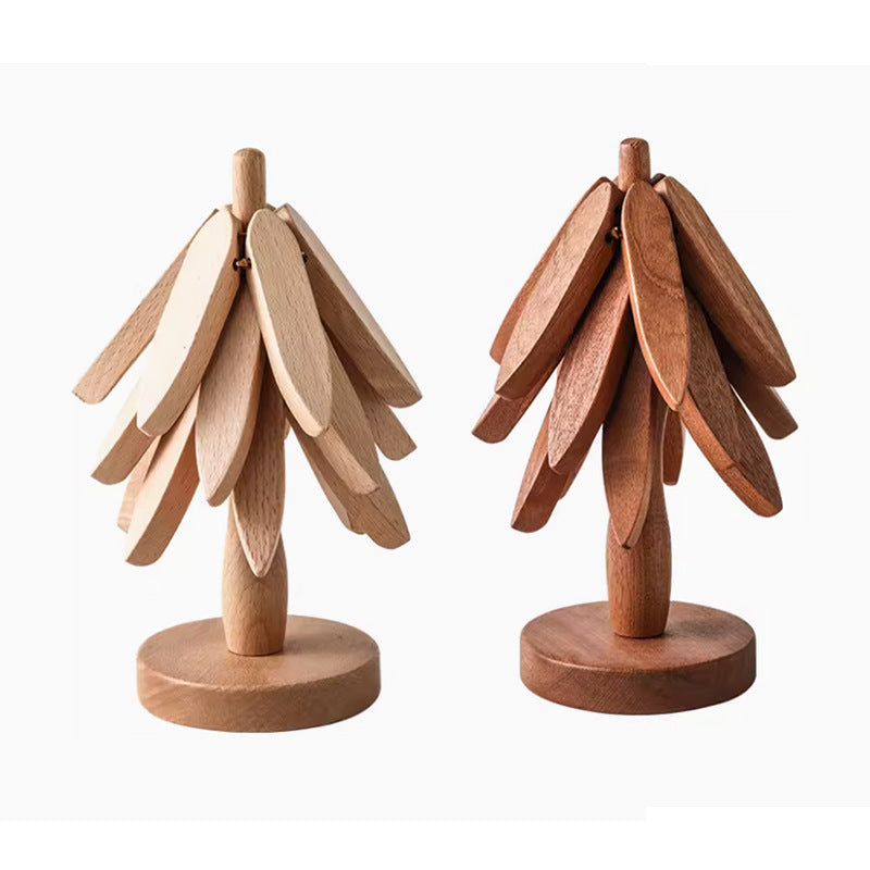 Wooden Christmas Tree Folding Coaster Black Walnut Thick Seat Adiabatic Pad For Kitchen Desktop Decoration Housewarming Gift