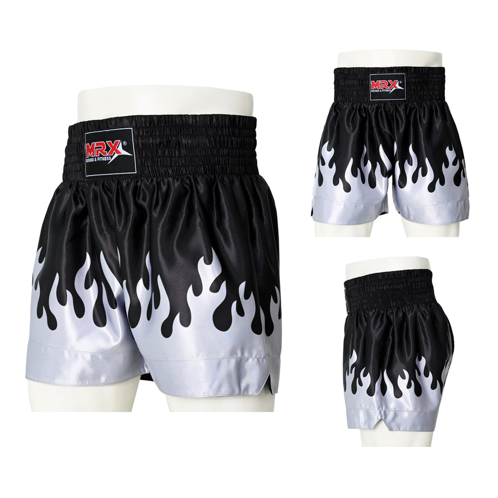 MRX Mens Womens Muay Thai Shorts Kickboxing Fighting Shorts Blue Black Red Flame