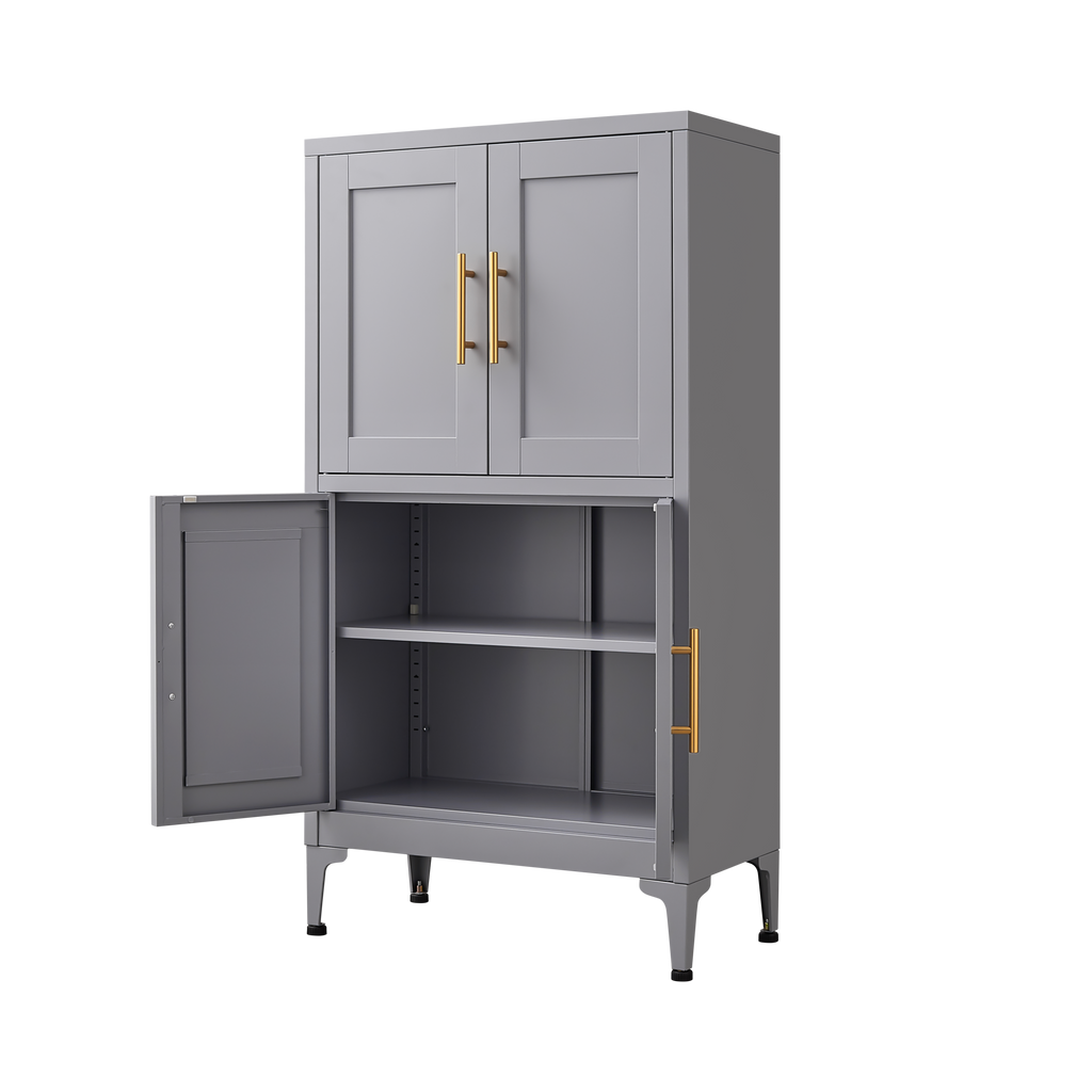Grey metal kitchen storage cabinet, kitchen pantry storage cabinet with door and shelf, adjustable leveling feet