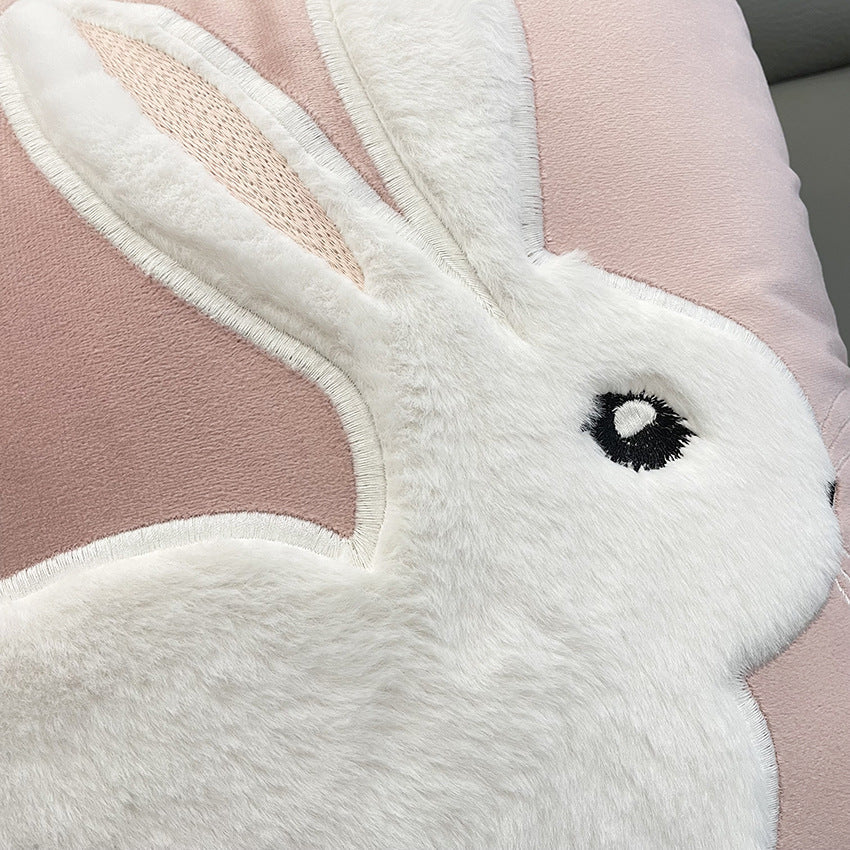 Soft Rabbit Pillow Cover Sofa Cushion Velvet Embroidered Pillow Girl's Heart Pink Cartoon Pillow Cover Cute