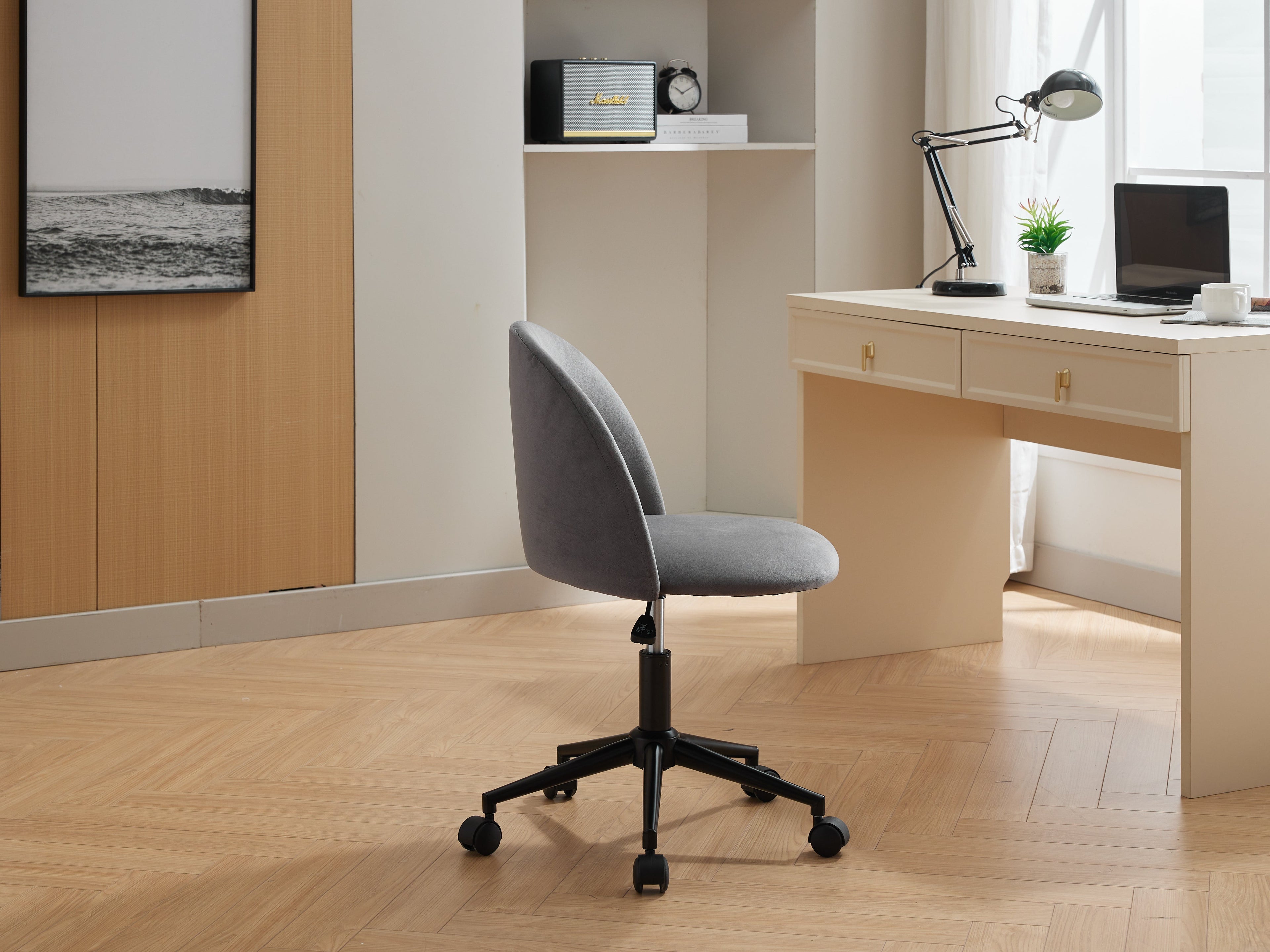 Velvet fabric office chair, mid back adjustable rotating computer chair, black legs, cushioned office chair with wheels