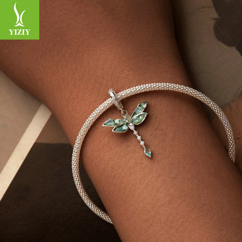 Silver Charm Original Retro Green Dragonfly DIY Pendant Accessories Charm Lucky s925 Pure Silver Insect Beads