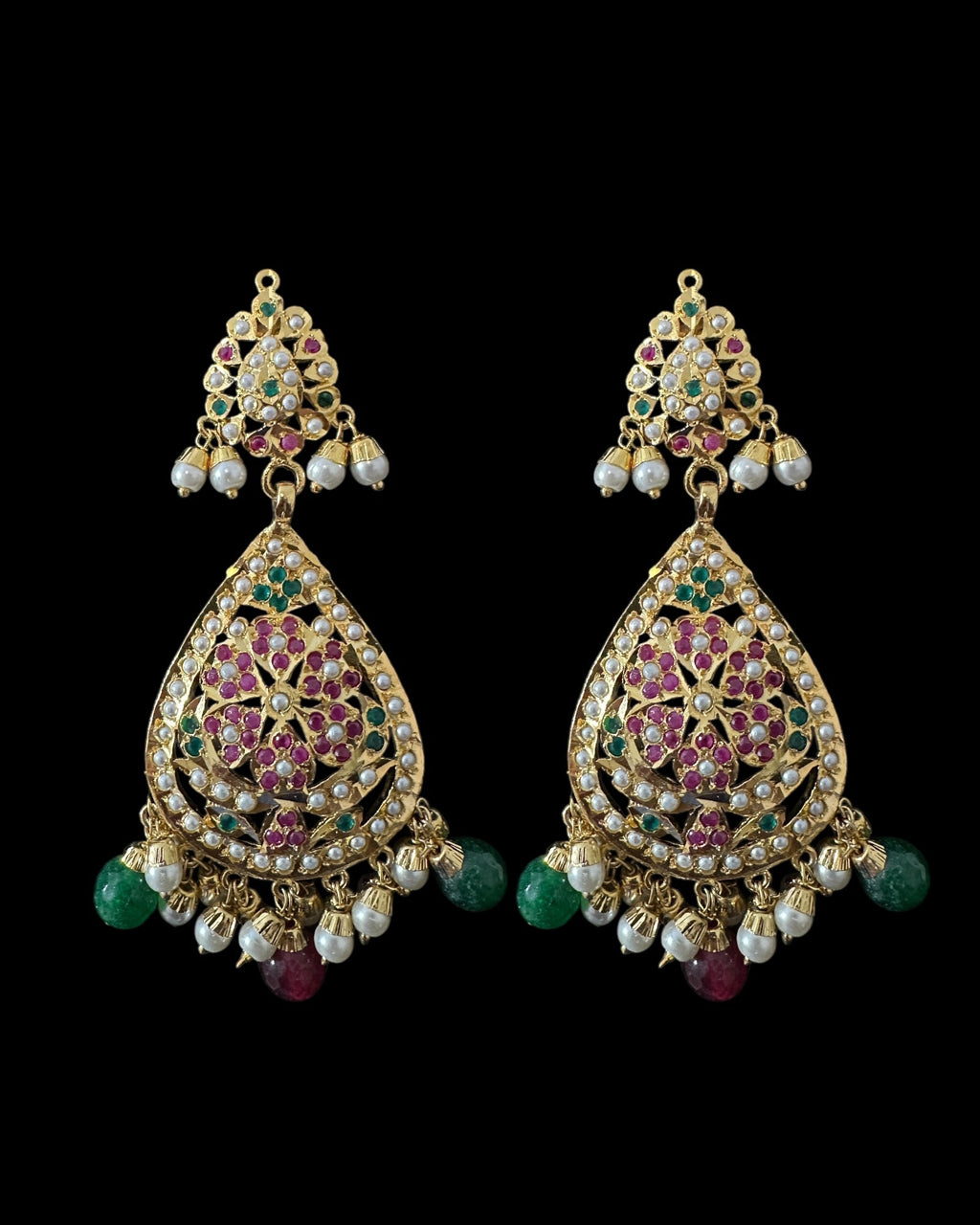 Piya jadau earrings tika in ruby emerald pearls ( READY TO SHIP )