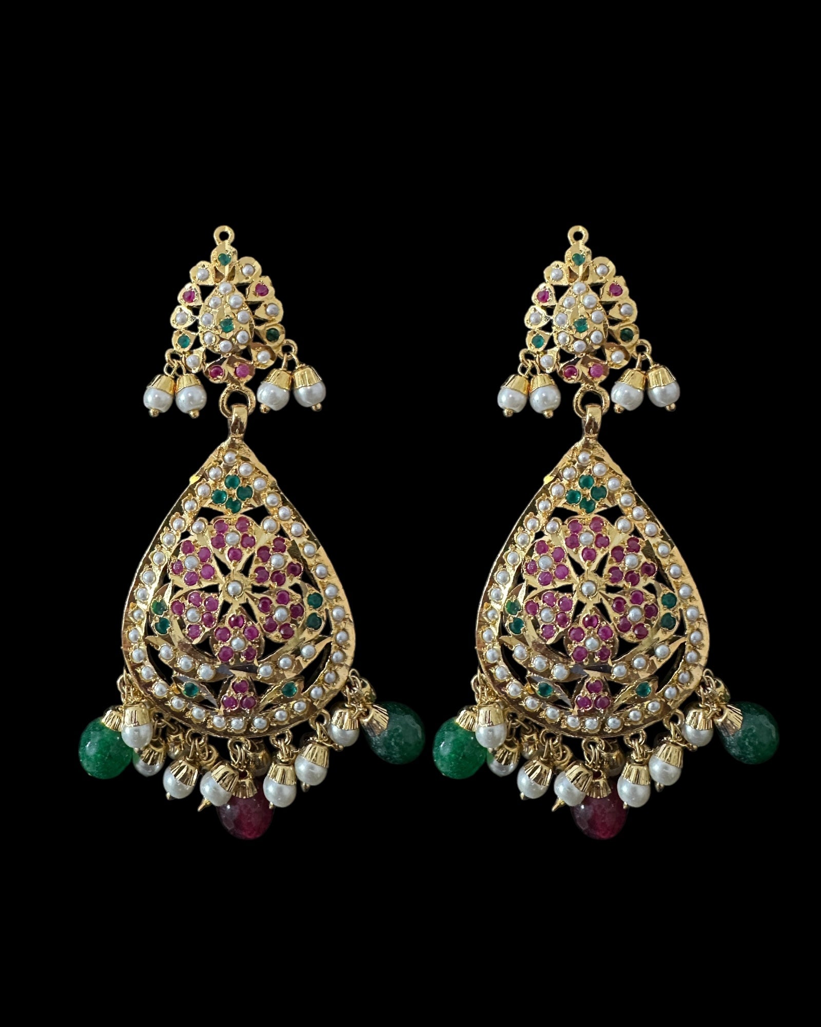 Piya jadau earrings tika in ruby emerald pearls ( READY TO SHIP )