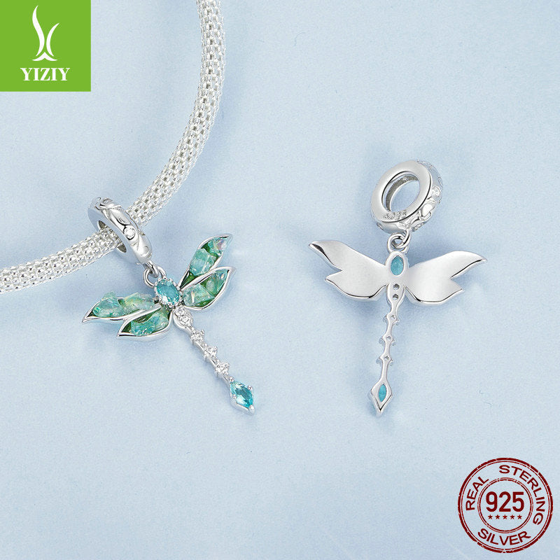 Silver Charm Original Retro Green Dragonfly DIY Pendant Accessories Charm Lucky s925 Pure Silver Insect Beads