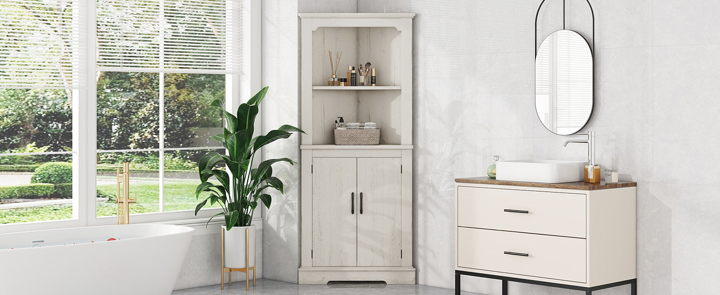 Tall Corner Cabinet with Doors for living room, bathroom,Dining Room or Kitchen,color:Wood grain beige