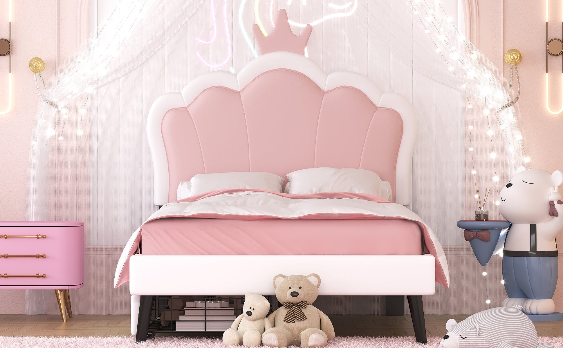 Twin cushion princess bed with crown headboard and 2 drawers with headboard and footrest, pink+white