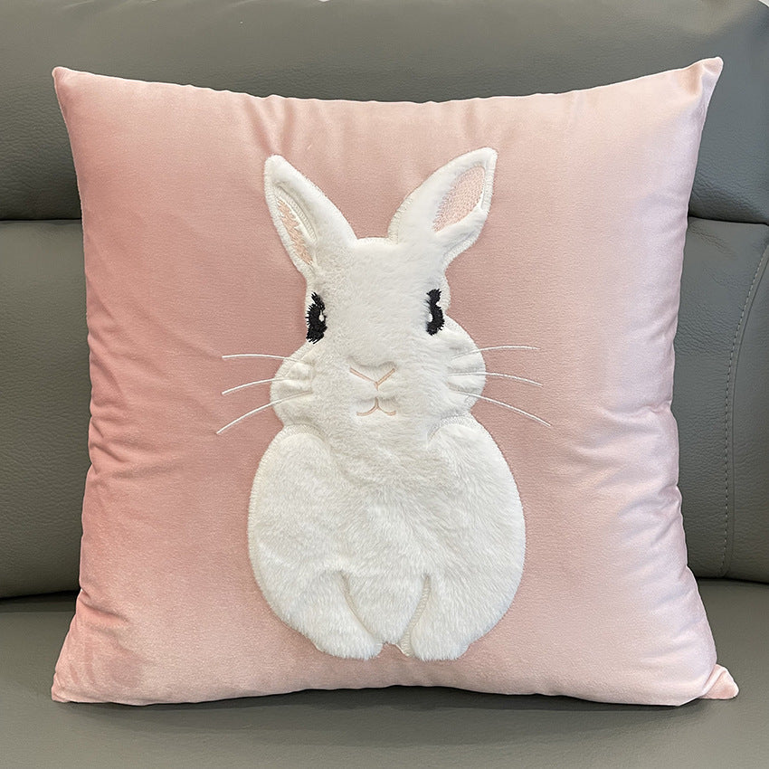 Soft Rabbit Pillow Cover Sofa Cushion Velvet Embroidered Pillow Girl's Heart Pink Cartoon Pillow Cover Cute