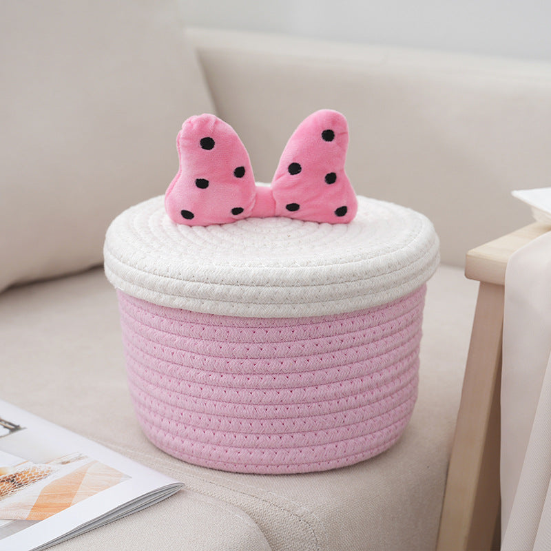 Cartoon cute home desktop sundries storage basket bedroom ornaments cotton rope storage basket with lid
