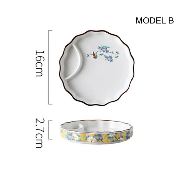 Dumpling plate sushi plate round square plate with soy sauce and vinegar partitioned snack plate ceramic plate for home use