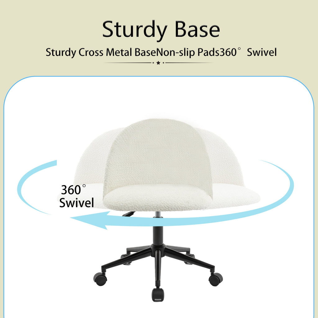 Velvet fabric office chair, mid back adjustable rotating computer chair, black legs, cushioned office chair with wheels ，White