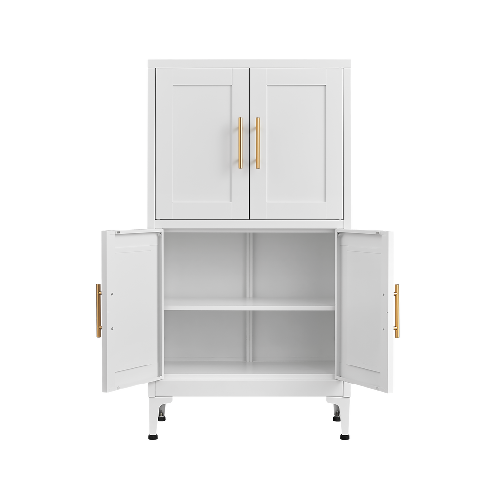 White metal kitchen storage cabinet, kitchen pantry storage cabinet with door and shelf, adjustable leveling feet