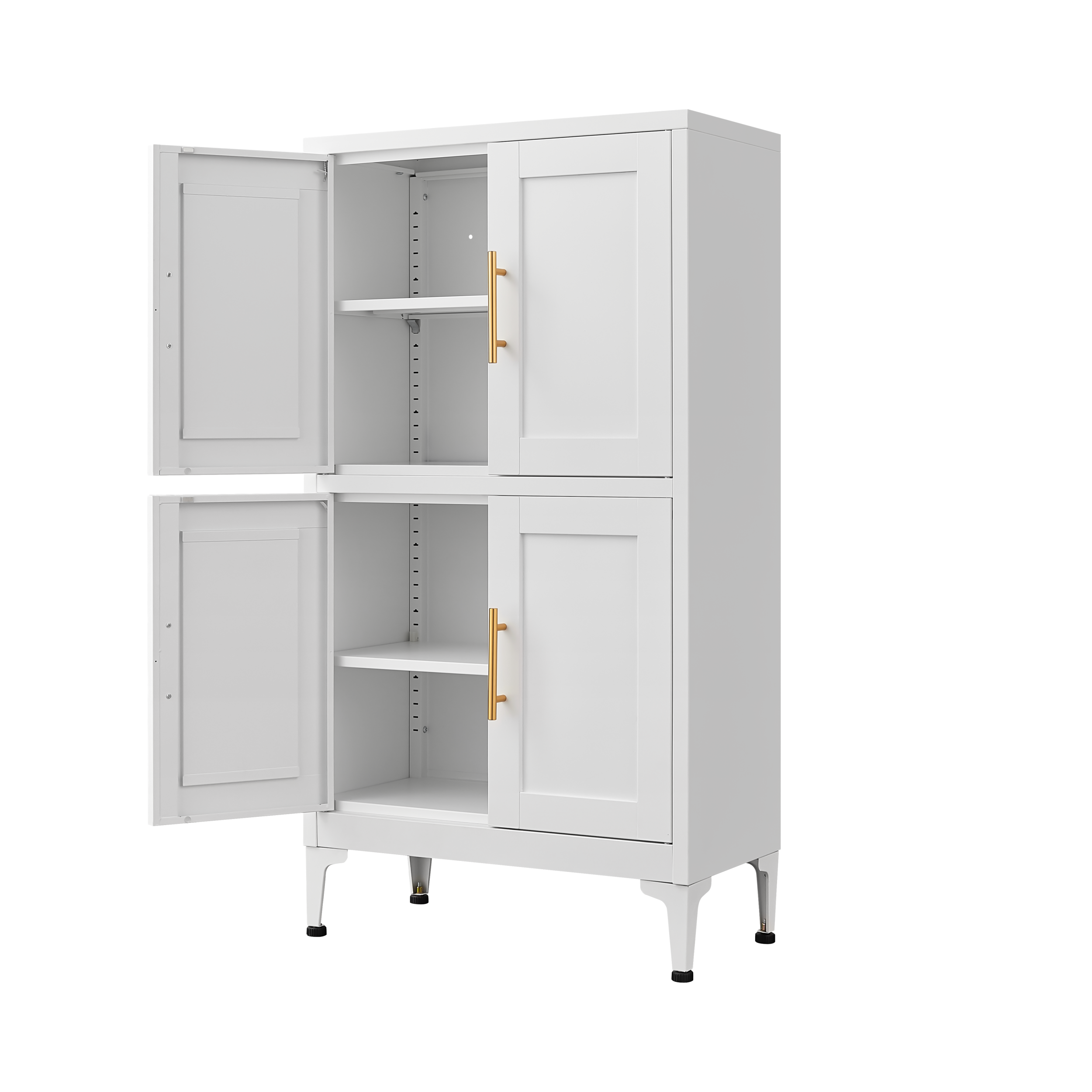 White metal kitchen storage cabinet, kitchen pantry storage cabinet with door and shelf, adjustable leveling feet